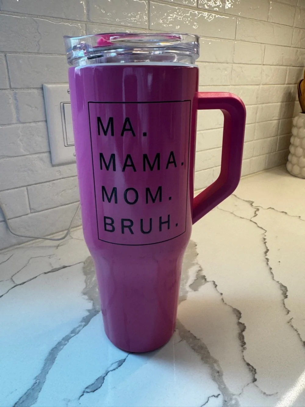 Pink Insulated Travel Mug with Handle - MA. MAMA. MOM. BRUH. - Brand New - Picture 2 of 4
